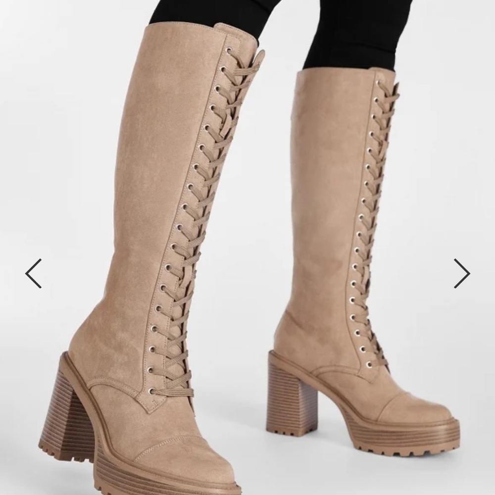Lace-Up Knee High Platform Boots - Taupe